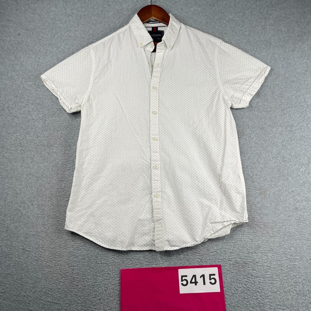 Denim & Flower Shirt White Dots Casual Button Up Short Sleeve Mens Slim Small